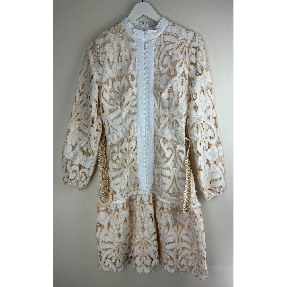 Mulla Embroidery Floral Lace Mock Neck Long Sleeve Mini Dress Ivory Belted Small - Picture 3 of 14